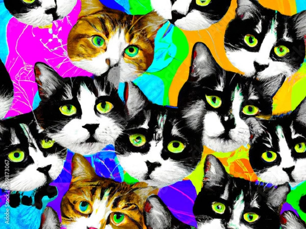 Fototapeta Cat faces, colours abstract background collage – Generative AI Illustration