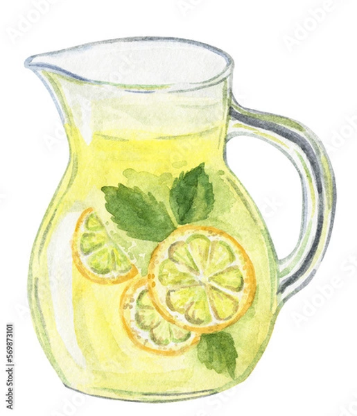 Fototapeta Watercolor lemonade jar isolated on white