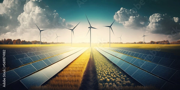 Fototapeta renewable energy banner background with green energy as wind turbines and solar panels