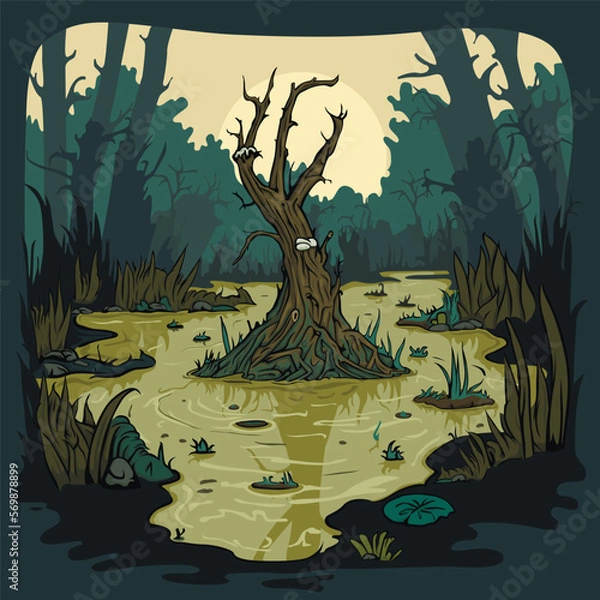 Fototapeta Landscape with marsh, water lilies, trees trunks and bog grass. green swampy lake in a scary forest. Fairy bog. Vector illustration