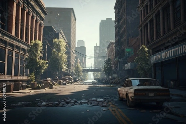 Obraz Abandoned city post apocalypse empty street background. Generative AI