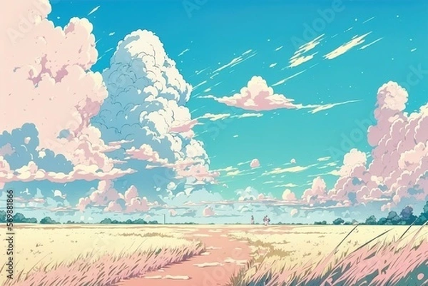 Obraz Anime drawing landscape with color pastel background. Generative AI