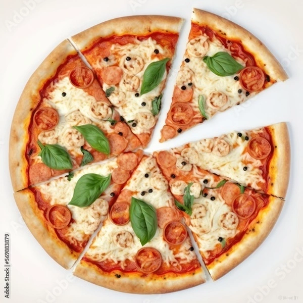 Fototapeta Geschnittene Salami Pizza mit Basilikum, Käse und Tomate von oben vor einem weißen Hintergrund (Generative AI)