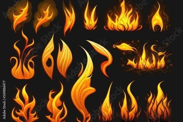 Fototapeta Fire collection set of flame burning isolated on dark background for graphic design purpose. Generative AI