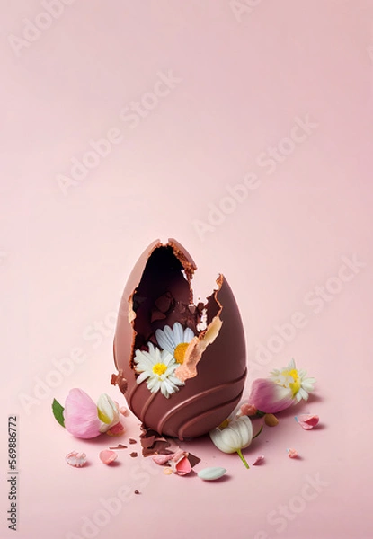 Obraz Pastel creative Easter concept, chocolate delicious egg candy surrounded by fresh spring field flowers. Illustration, Generative AI.