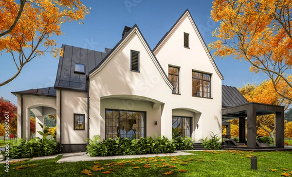 Fototapeta 3d rendering of cute cozy white and black modern Tudor style house with parking  and pool for sale or rent with beautiful landscaping. Fairy roofs. Clear sunny autumn day with golden leaves anywhere