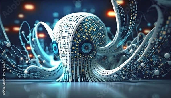 Obraz Datenkraken as futuristic AI android as center of data gathering network in cinematic lighting, photoreal, realistic created with generative ai technology
