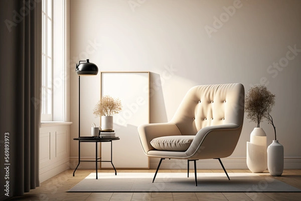 Fototapeta Interior design of living room with beige armchair and minimalist furniture in room with wide blank wall - Generative AI