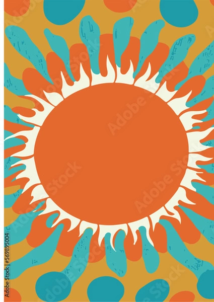 Fototapeta Set of backgrounds for the sun text. Set of backgrounds for hippie text, positive art, hippie art, psychedelic art inspired by the 1970s, 1960s.
The poster is bright sunny. Solar Art Festival. 