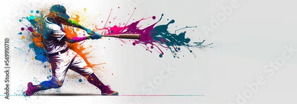 Fototapeta Baseball sport player colorful splash horizontal banner on white background illustration with copy space. Generative AI graphic