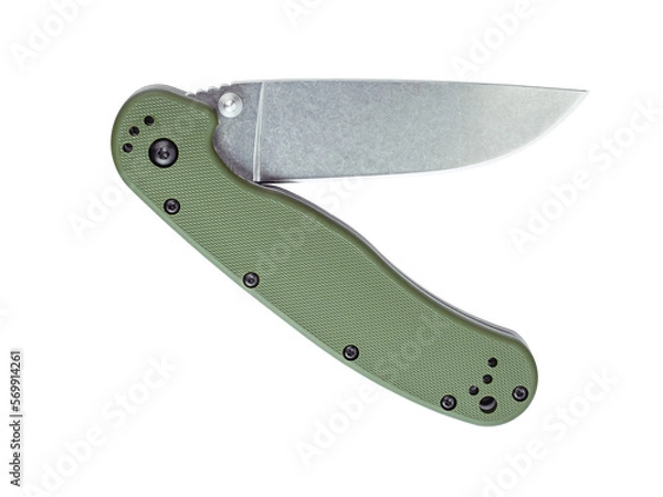 Fototapeta Edc folding knife with stonewash coated blade isolated on transparent background