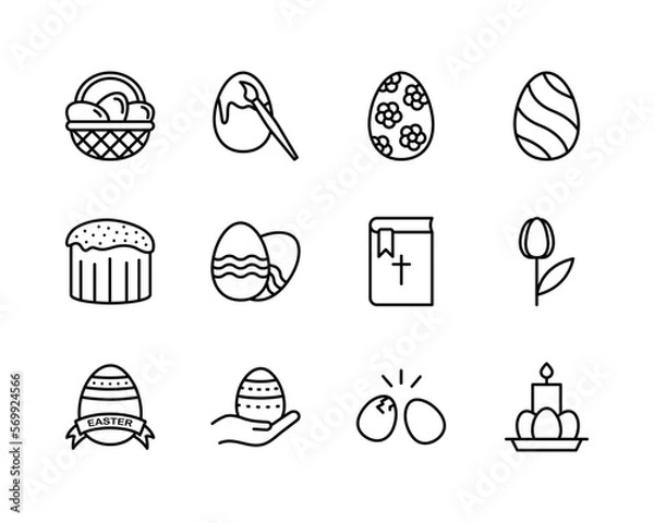 Fototapeta Easter flat line icons set. Contains such icons as Colored egg, bunny, basket, cake and chick. Simple flat vector illustration for web site or mobile app