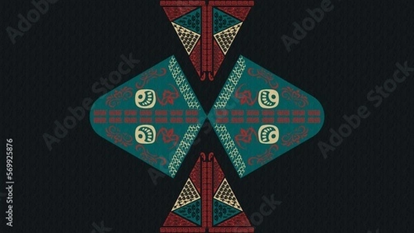Fototapeta Symmetrical folk art background, decorative illustrations, wallpaper, desktop, cover, card, gift, frame,