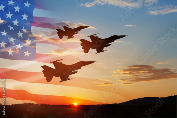 Fototapeta Air Force Day. Aircraft silhouettes on background of sunset with a transparent American flag.