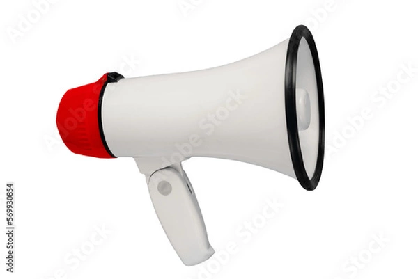 Fototapeta White and red megaphone isolated from background. Alarm and announcement