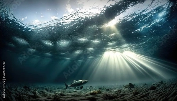 Fototapeta  a fish swimming in the ocean with sunbeams coming through the water's waterline, with the light coming through the water's surface.  generative ai