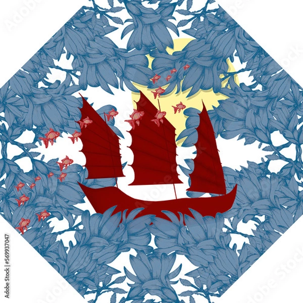 Fototapeta a junk, boat, blue, pattern decor