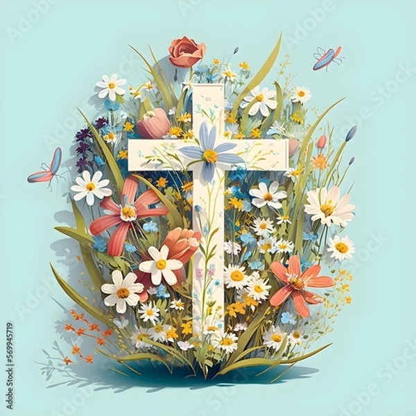 Fototapeta A jesus cross that consists of colorful flowers