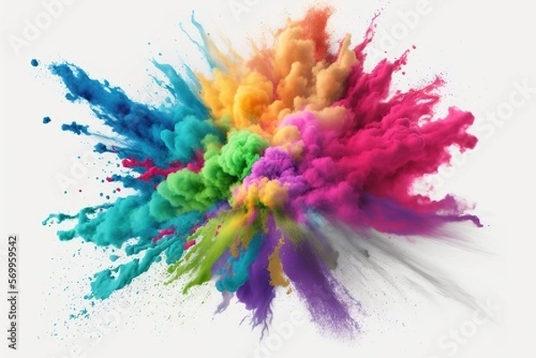 Fototapeta Explosion of colored powder. Close up abstract dust on white background. Colored explosion. Paint holi Generative AI