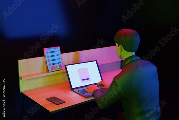 Obraz Man working on computer at desk 3d render