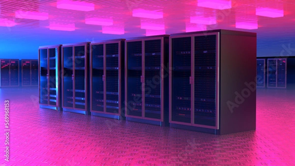 Fototapeta Server room. Server data center. Backup, mining, hosting, mainframe, farm and computer rack with storage information. 3d rendering