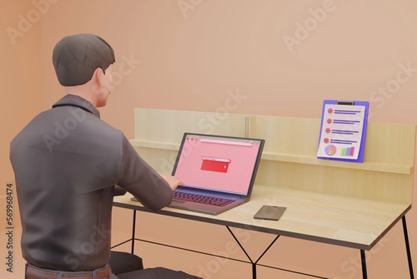 Obraz Man working on computer at desk 3d render
