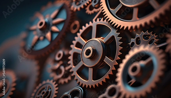 Fototapeta Close-up of gears in motion: A photo showing gears moving in close detail to highlight the intricate mechanism of tribology