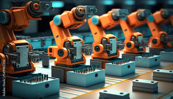 Fototapeta Robotic assembly line: A photo of a line of robots being assembled, showcasing the integration of mechanical, electrical, and software engineering in mechatronics.