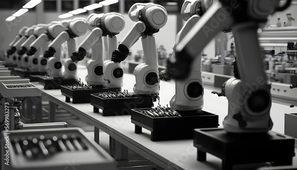 Fototapeta Robotic assembly line: A photo of a line of robots being assembled, showcasing the integration of mechanical, electrical, and software engineering in mechatronics.