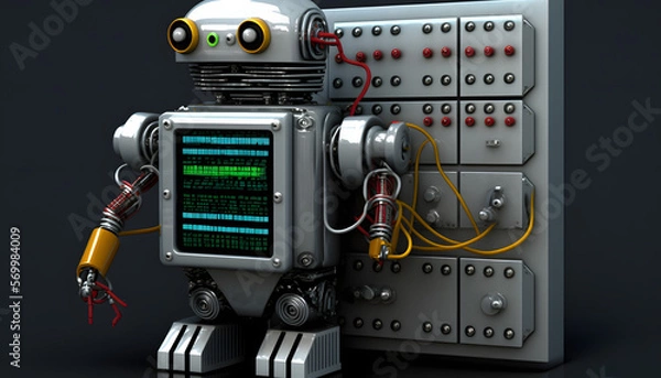 Fototapeta Robot and control panel: A photo of a robot and its control panel, emphasizing the role of software and electrical engineering in controlling and programming robots.