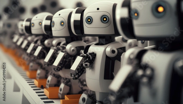 Fototapeta Robotic assembly line: A photo of a line of robots being assembled, showcasing the integration of mechanical, electrical, and software engineering in mechatronics.