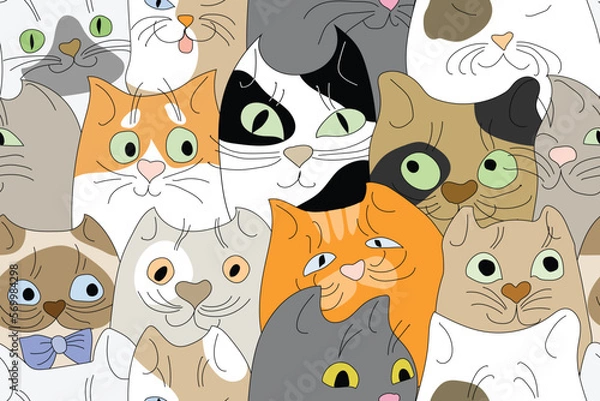 Obraz Seamless pattern with cute hand-drawn cats