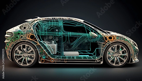 Fototapeta Autonomous vehicle: A photo of an autonomous car, demonstrating the integration of mechanical, electrical, and software systems for advanced functionality.