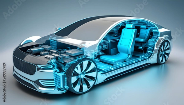Fototapeta Autonomous vehicle: A photo of an autonomous car, demonstrating the integration of mechanical, electrical, and software systems for advanced functionality.