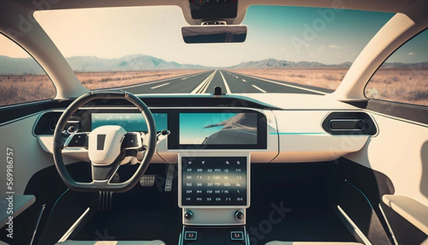 Fototapeta Autonomous vehicle: A photo of an autonomous car, demonstrating the integration of mechanical, electrical, and software systems for advanced functionality.