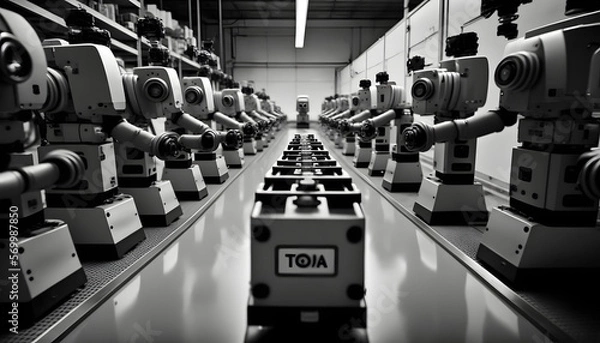 Fototapeta Robotic assembly line: A photo of a line of robots being assembled, showcasing the integration of mechanical, electrical, and software engineering in mechatronics.