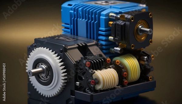 Fototapeta Servo motor and gear system: A photo showing a servo motor and gear system, highlighting the integration of mechanical and electrical systems in mechatronics.