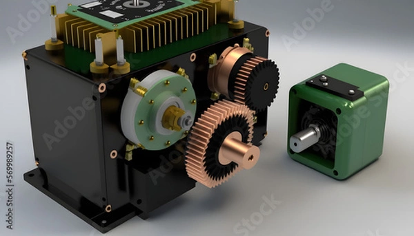 Fototapeta Servo motor and gear system: A photo showing a servo motor and gear system, highlighting the integration of mechanical and electrical systems in mechatronics.