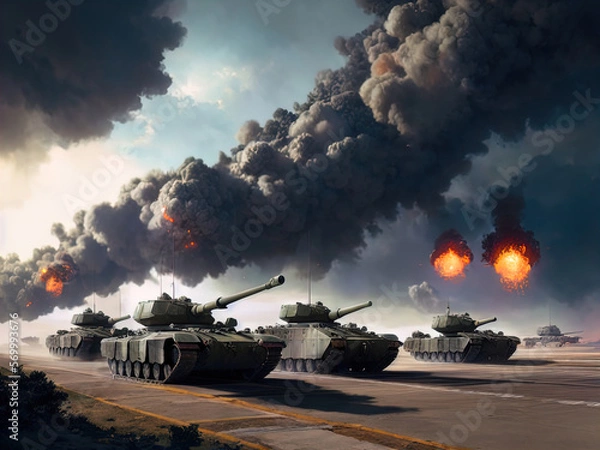 Obraz Tanks on a battlefield. Heavy bombardment. Fire. Explosions. Made with Generative AI.	