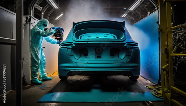 Fototapeta Automotive Painting: A photo displaying a man equipped with advanced sensors and precision control systems, painting a car in an automotive factory. The man uses techniques such as computer vision.