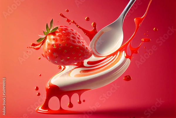 Fototapeta Erdbeere mit Milchspritzer auf einen Löffel isoliert auf roten Hintergrund - Generative Ai