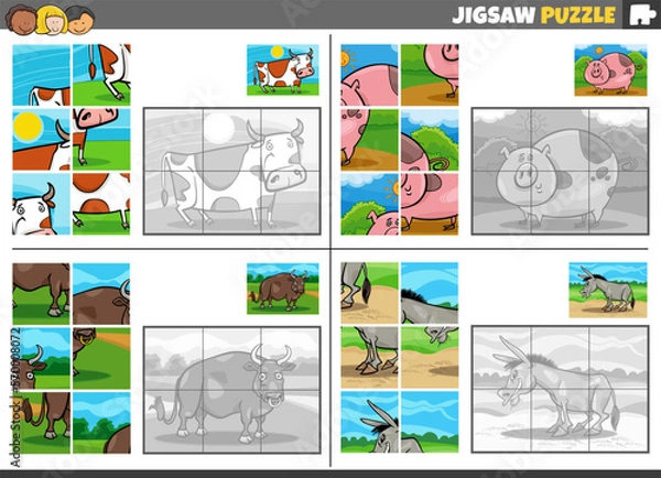 Fototapeta jigsaw puzzle game set with cartoon farm animals