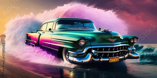 Fototapeta An imaginary car. An oldtimer car racing on an alien planet. An imagined concept full of colors and visual elements. Image generated by AI.