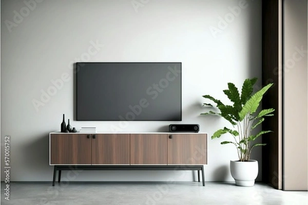 Fototapeta Modern interior with cabinet for tv on white color wall.Generative AI