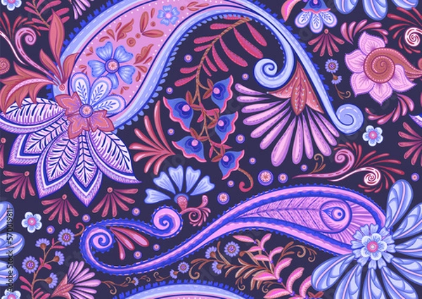 Fototapeta Fantasy flowers in retro, vintage, jacobean embroidery style. Paisley seamless pattern, background. Vector illustration on blue background.