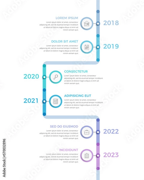 Fototapeta Vertical timeline infographics with six elements with icons and text