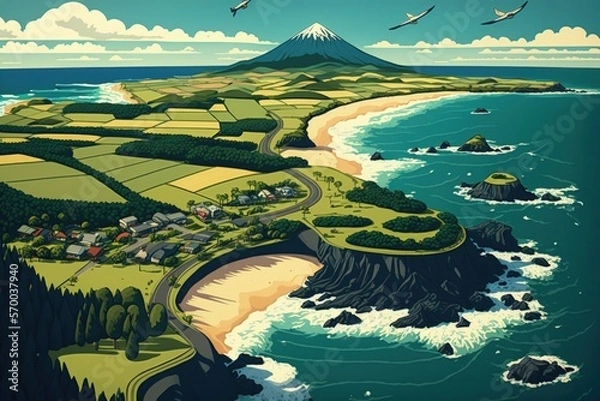 Fototapeta Aerial view of a sunny day along the Tasman Sea coast near New Plymouth. Region of Taranaki in New Zealand. Generative AI