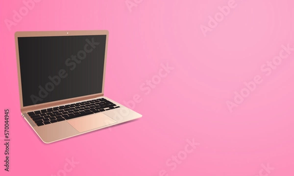 Fototapeta Horizontal Laptop banner. Laptop modern frameless with black screen isolated on pink background. Super high detailed photorealistic. Vector illustration isolated on pink background. EPS 10