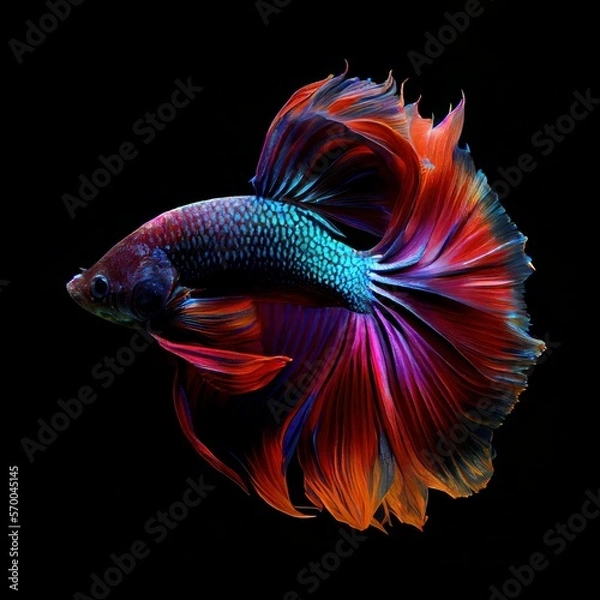 Fototapeta Beautiful colors"Betta Fighting Fish" capture the moving moment beautiful of betta siam  fish in Thailand on a Black background
generative ai