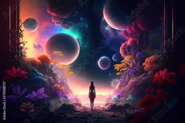 Fototapeta A silhouette of a woman standing on a tropical planet and gazing at the colorful galactic neon sky and different planets, generative ai